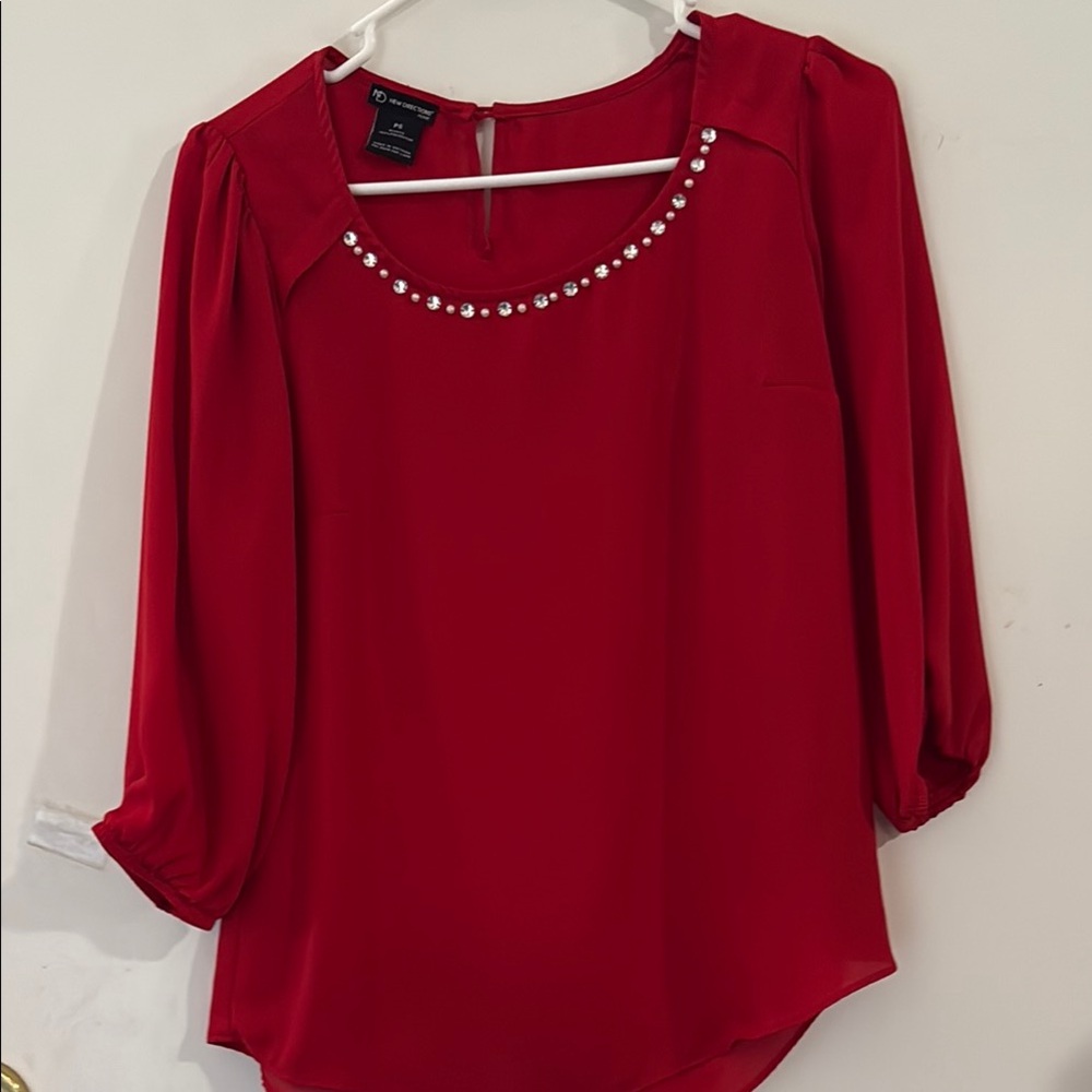 New Directions Red Embellished 3/4 Sleeve Blouse
